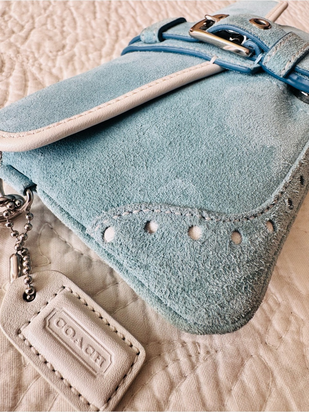 Coach Y2K Teal Suede Wristlet Clutch with Buckle Detail - Picture 3 of 11